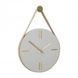 Horloge murale beton suspendue par laniere en cuir hubsch