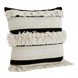 Housse de coussin chenille franges rayé noir blanc Madam Stoltz