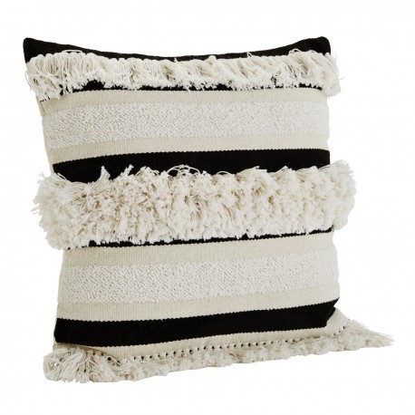 madam stoltz housse de coussin chenille franges raye noir blanc JECU1321