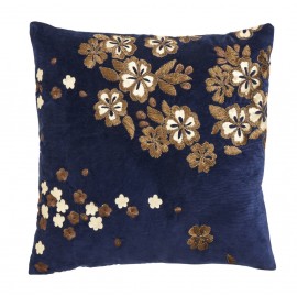 Housse de coussin velours bleu brodé fleurs or Nordal