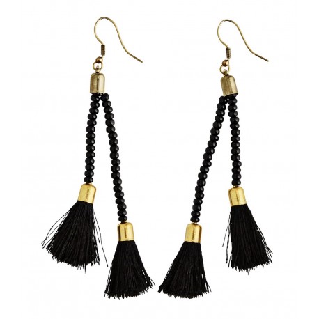 Boucles d'oreilles noires pompons et perles Madam Stoltz