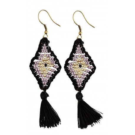 Boucles d'oreilles losanges perles violet noir pompons Madam Stoltz