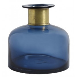 Vase bouteille verre bleu bande dorée Nordal