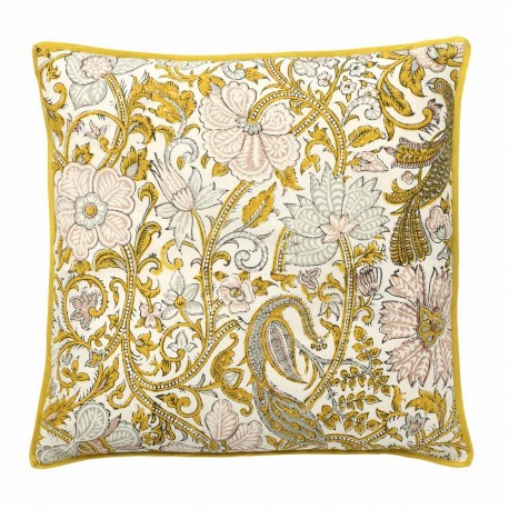 Housse de coussin carrée soie fleuri Bungalow Denmark Peacock jaune