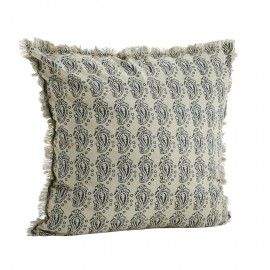 Housse de coussin rétro franges coton imprimé Madam Stoltz gris