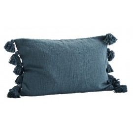 madam stoltz housse de coussin rectangulaire pompons coton bleu