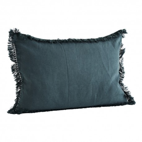 Housse de coussin rectangulaire lin délavé franges bleu Madam Stoltz