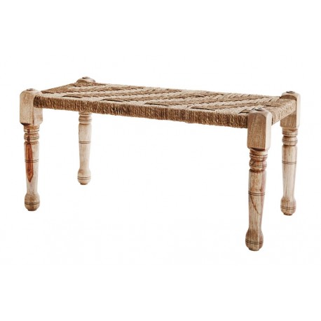 Banc indien bois manguier pied sculpté jute tressé Madam Stoltz