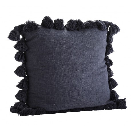 madam stoltz grande housse de coussin coton bleu pompons 65 x 65 cm