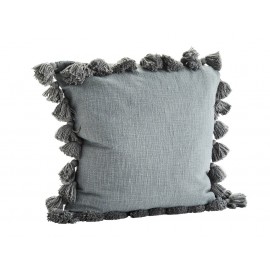 madam stoltz housse de coussin carree pompons coton gris 65 x 65 cm