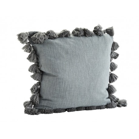 madam stoltz housse de coussin carree pompons coton gris 65 x 65 cm