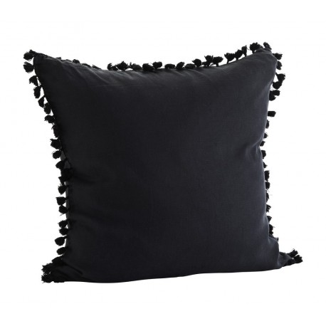 madam stoltz housse de coussin pompons lin noir 60 x 60 cm