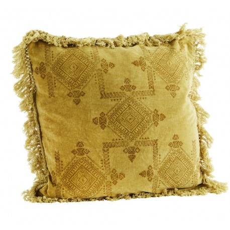 coussin velours imprime franges madam stoltz jaune moutarde 50 x 50 cm