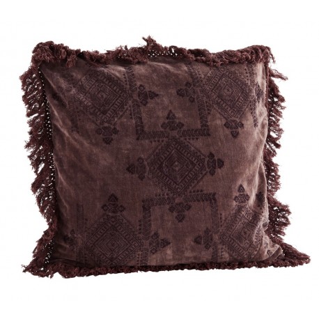 Housse de coussin carrée velours impression franges Madam Stoltz prune