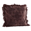 madam stoltz coussin carre velours impression franges prune 50 x 50 cm