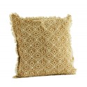 Housse de coussin coton imprimé jaune ocre franges Madam Stoltz