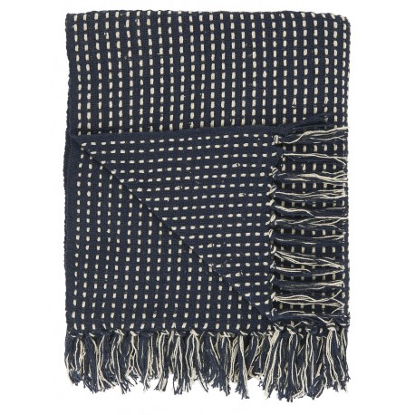 ib laursen plaid bleu fonce coton franges 130 x 160 cm