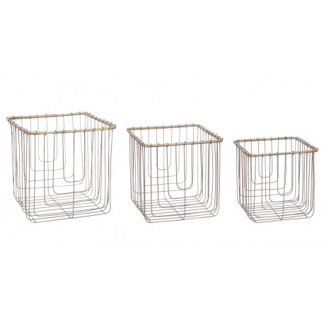 hubsch set de 3 paniers carres en fil metallique et bois 090302