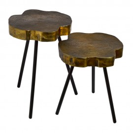 pols potten set de 2 tables basses metal dore forme rondelle bois tree slice
