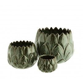Set mit 3 grünen dekorativen Pflanzgefäßen aus Steinzeug von Madam Stoltz