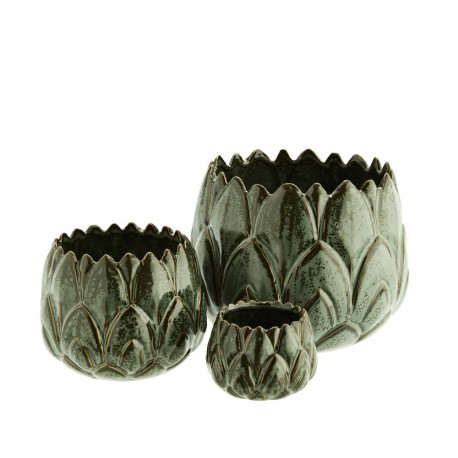 madam stoltz set de 3 cache pots decoratifs gres vert