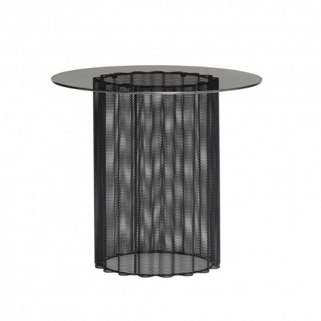 hubsch table basse ronde metal plie perfore plateau verre noir 991103