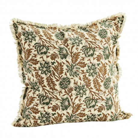 madam stoltz housse de coussin coton imprime fleuri franges marron vert