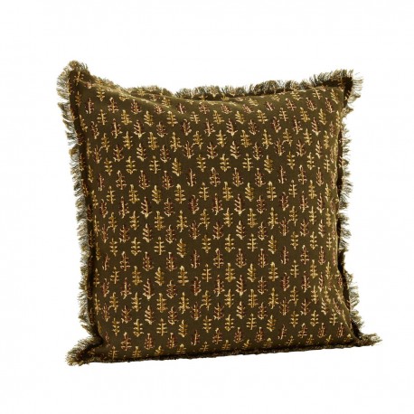 madam stoltz coussin carre coton imprime vert franges