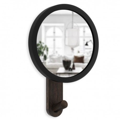 Petit miroir mural rond patère bois foncé Umbra Hub