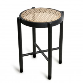 hk living tabouret rond style retro vintage noir bois cannage rotin