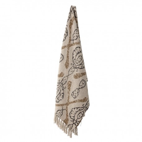 bloomingville plaid deco franges coton recycle imprime blanc ecru