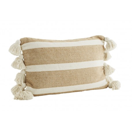 madam stoltz coussin rectangulaire raye beige gros pompons coton