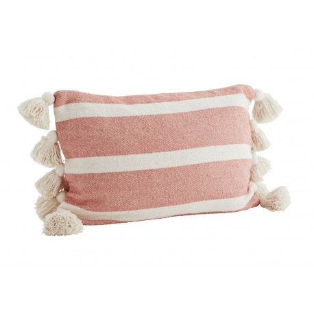 madam stoltz coussin rectangulaire coton raye pompons rose corail