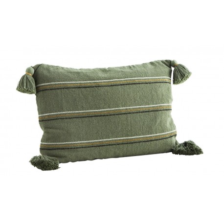 madam stoltz housse coussin rectangulaire coton rayures vert pompon