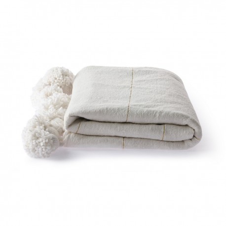 hk living couvre lit coton blanc fil dore pompons