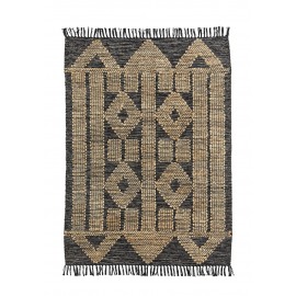 madam stoltz tapis coton noir broderie jute motif geometrique ethnique