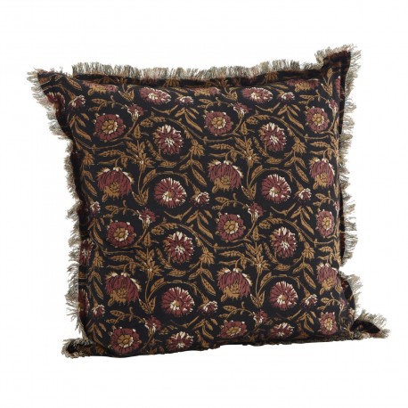 housse de coussin coton fleuri noir colore franges madam stoltz