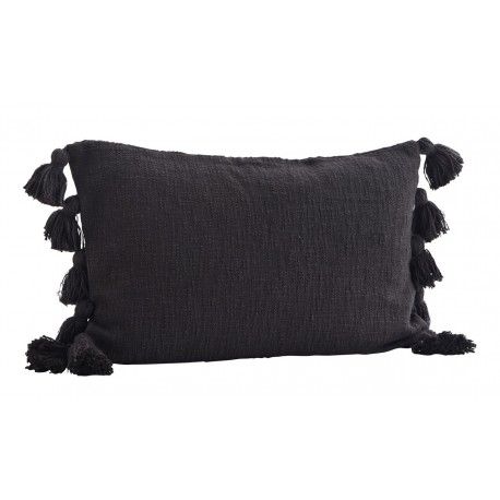 madam stoltz housse de coussin rectangulaire coton noir pompons