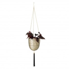 bloomingville pot de fleur suspendu metal dore grave pampille