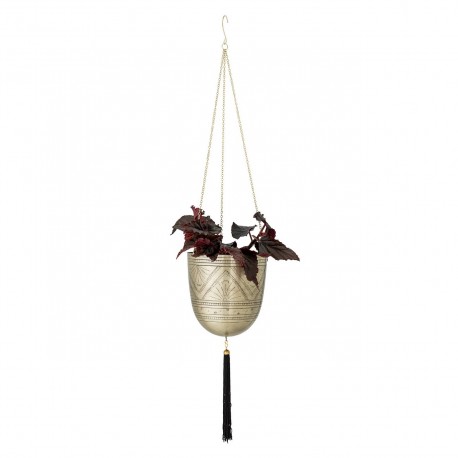 bloomingville pot de fleur suspendu metal dore grave pampille