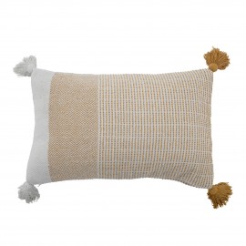 bloomingville coussin coton recycle blanc jaune moutarde motif pompons