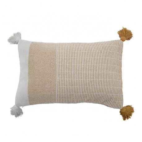 bloomingville coussin coton recycle blanc jaune moutarde motif pompons