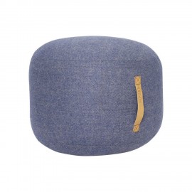 Pouf rond bleu laine motif à chevrons poignée cuir Hübsch