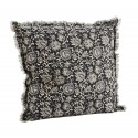 madam stoltz coussin coton imprime fleuri noir gris franges