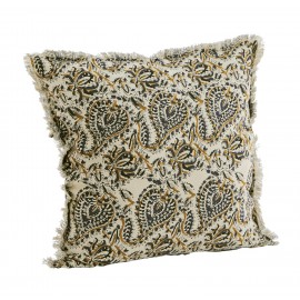 madam stoltz coussin imprime indien beige jaune gris franges