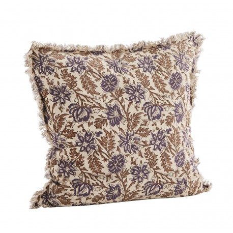 madam stoltz coussin coton grosse fleurs boheme brun violet franges