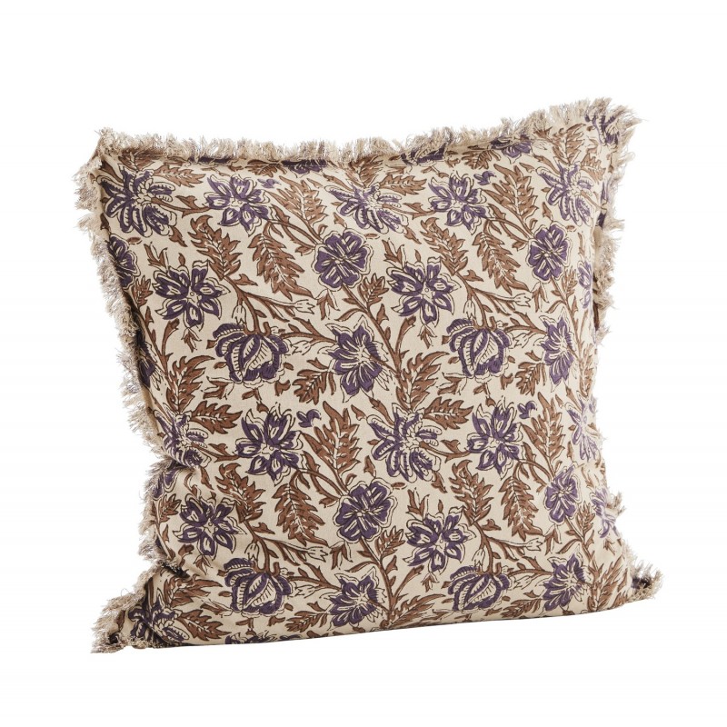 madam stoltz coussin coton grosse fleurs boheme brun violet franges ...