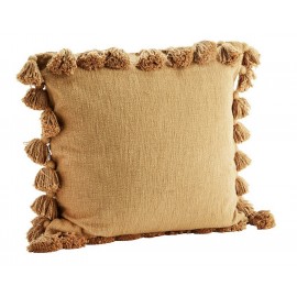 madam stoltz grande housse de coussin carree coton pompons marron