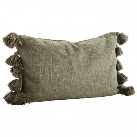 madam stoltz housse de coussin rectangulaire coton pompons vert kaki