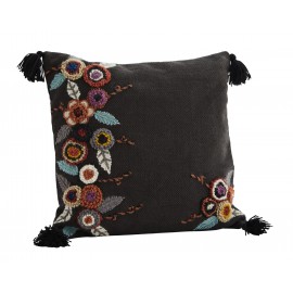 housse de coussin boho brode fleuri coton noir madam stoltz